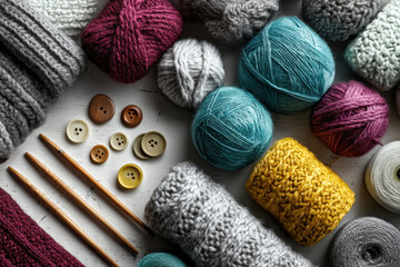 Colorful yarns, handmade wool items, knitting needles, and sewing accessories on white background