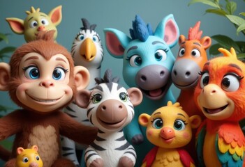 Naklejka premium A colorful group of animated animal characters smiling together in a playful scene