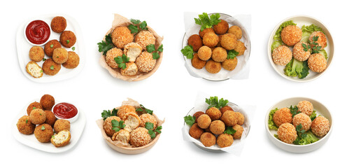 Different fried croquette balls isolated on white, set. Top and side view