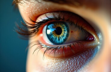 Fototapeta premium Close-up of a human eye with vibrant blue and green iris, detailed eyelashes, and moist surface, highlighting eye anatomy and color
