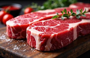 Juicy raw beef steaks with marbling on a wooden cutting board, fresh herbs and tomatoes in the background