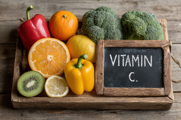 Flat lay of assorted vitamin c rich fruits and vegetables with chalkboard on wooden table