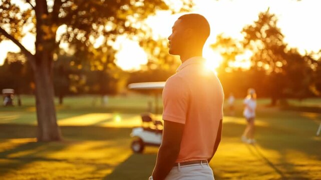 prosperous young african american male golfer enjoying sunset on course. golf player in front of caddy. success, prestige and lifestyle of wealth and prosperity.