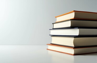 A stack of hardcover books arranged on a white surface with a plain background
