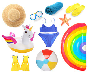 Beach accessories isolated on white, collection of different stuff