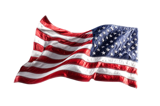 American flag waving proudly showing red white and blue stars and stripes, isolated on transparent background, perfect cutout, PNG - Powered by Adobe