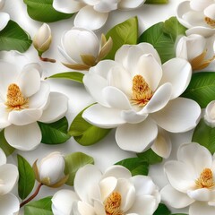 Lush, photorealistic depiction of numerous pristine white magnolia blossoms and buds interspersed with vibrant green leaves against a bright white background, creating a seamless floral pattern