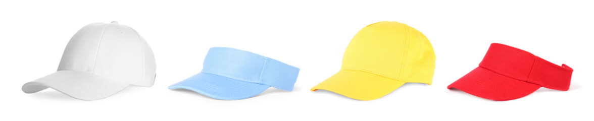 Baseball and visor caps in different colors isolated on white, set