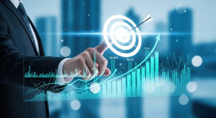 Businessman touching holographic target with financial growth chart