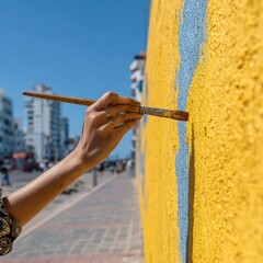 Close-up of a hand painting a vibrant yellow wall with a paintbrush, a blurred city backdrop
