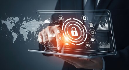 Businessman interacting with a futuristic holographic interface displaying a digital padlock and world map