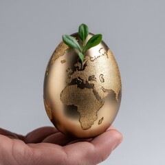 A golden egg, etched with a world map, cradled in a hand, sprouts a small green plant