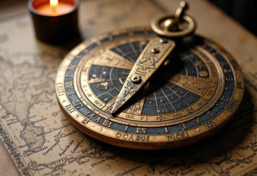 Antique compass resting on a vintage map with a lit candle nearby, evoking exploration and navigation themes