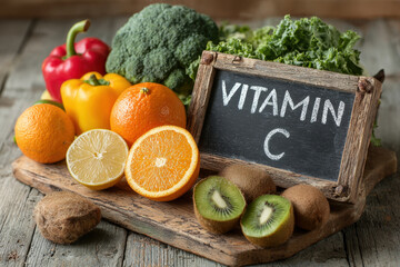 Assorted fresh fruits and vegetables rich in vitamin c with chalkboard on wooden table