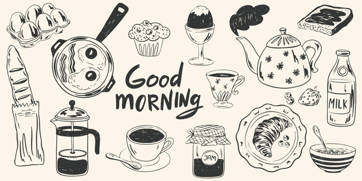 Hand drawn la dolce vita breakfast. Coffee, tea, egg, croissant, food icons in chalk, crayon drawing style. Minimalist line art. Vector illustration for invitations, menus, parties.