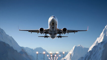 A passenger airplane approaching the runway with snowcapped mountains in the background