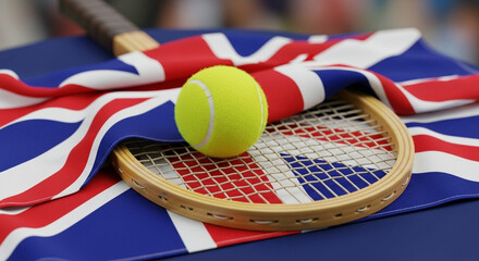 Iconic British tennis scene, featuring a classic racket, bright ball, and Union Jack flag for sporting pride.