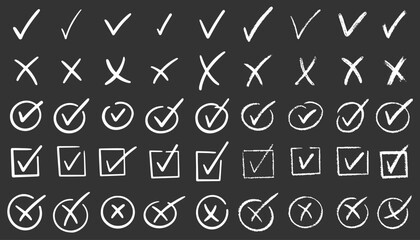 Check marks doodle set. Vote, yes, no, checkbox, checklist, tick and cross signs, v and x drawn concept. Hand drawn chalkboard doodle sketch style vector illustration  © PawLoveArt