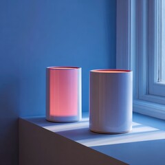 Two cylindrical lamps, one emitting soft pink light, the other off-white, sit on a windowsill against a blue wall, casting subtle shadows