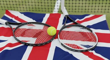 Get ready for Wimbledon with tennis rackets and ball on Union Jack flag, capturing British sporting spirit.