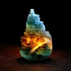 Intricately carved jade pendant depicting a multi-tiered pagoda nestled within a mountain, illuminated from within, rests on a dark wood surface