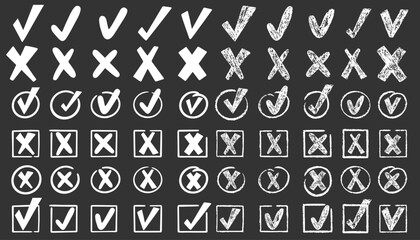 Check marks doodle set. Vote, yes, no, checkbox, checklist, tick and cross signs, v and x drawn concept. Hand drawn doodle sketch style chalkboard vector illustration 