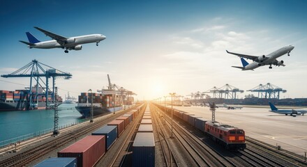 Dynamic overview of a global supply chain nexus integrating multiple freight modes under expansive sky.