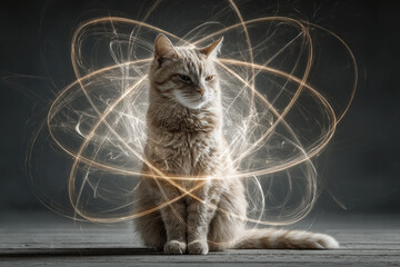 Cat on wooden floor with glowing abstract light trails illustrating quantum superposition
