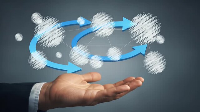 Elegant Businessman's Hand Presenting Blue Arrow Cycle of White Sphere Diagrams on Gray Background Illustrating Continuous Process and Business Growth