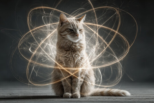 Cat on wooden floor with glowing abstract light trails illustrating quantum superposition