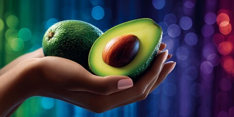A fresh avocado in hand with a lively, bokeh background