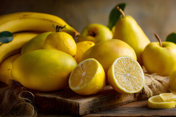 Radiant Array of Yellow Fruits: A Still Life Showcasing Bananas, Lemons, Mangoes, and Apples on Rustic Wood