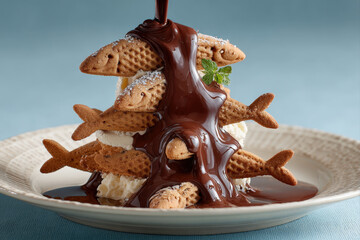 Melting ice cream cone flowing into a chocolate waterfall with fish-shaped cookies