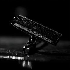 A wet, black, double-edged safety razor rests on a dark, reflective surface, water droplets clinging to its sleek design