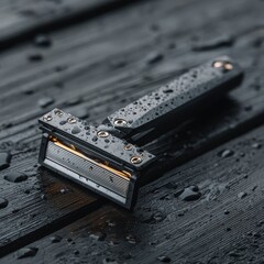 Sleek, dark grey, wet razor with metallic accents rests on dark wood; water droplets adorn surface