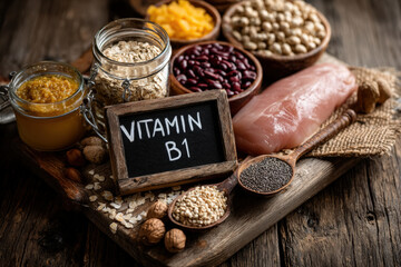 Flat lay of vitamin b1 rich foods with chalkboard on rustic wooden table in daylight