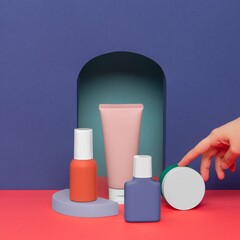 Minimal cosmetics packagings, pastel beauty product set