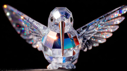Close-up macro shot of a delicate, transparent crystal bird, crafted with faceted glass-like details, glowing softly under cinematic light. The bird’s delicate wings and beak refract rainbow hues