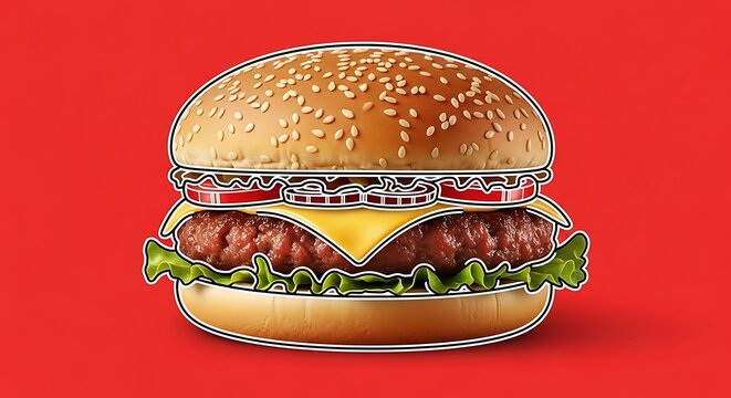 A stylized illustration of a burger with sesame seed bun, cheese, lettuce, and meat patty on a red background.