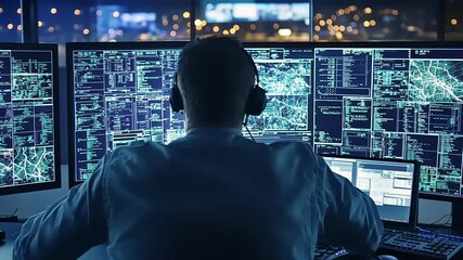 A focused operator analyzes data on multiple screens in a high-tech control room at night