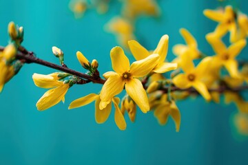 Obraz premium Forsythia intermedia Zoomed in view of tiny yellow blooms on a turquoise backdrop