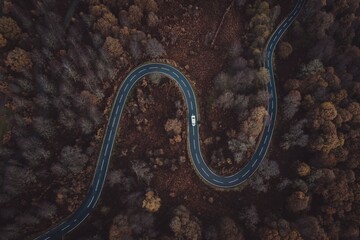 Drone shot of a curvy road in the Trossachs, Scotland