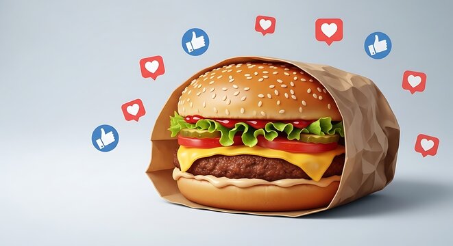 A delicious-looking cheeseburger in a brown paper bag, surrounded by social media icons, suggesting popularity and online engagement. - Powered by Adobe
