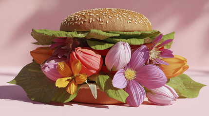 Imaginative burger filled with colorful wildflowers, lush green foliage, and delicate petals replacing traditional ingredients, sesame seed bun isolated on a pink background