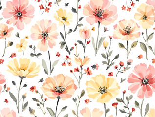 Seamless floral pattern, watercolor background pattern colorful flowers on white background	