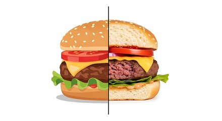 A split-view illustration of a hamburger, showcasing its internal components and ingredients.