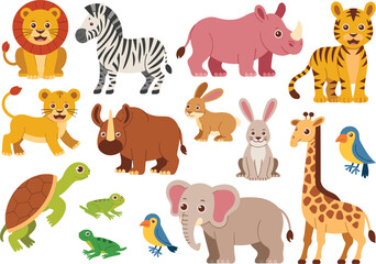 Cartoon animals including lion, zebra, elephant, giraffe, rhino, tiger, rabbits, frogs, birds, and turtle—perfect for kids and education themes