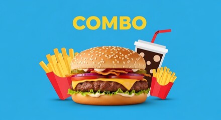 A delicious fast-food combo meal featuring a burger, fries, and a soda.