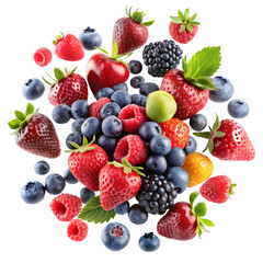 Falling wild berries mix strawberry raspberry blueberry blackberry isolated on transparent