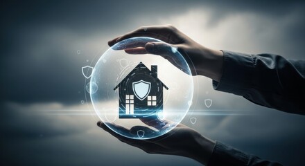 Home Protection: Hands Shielding House in a Bubble